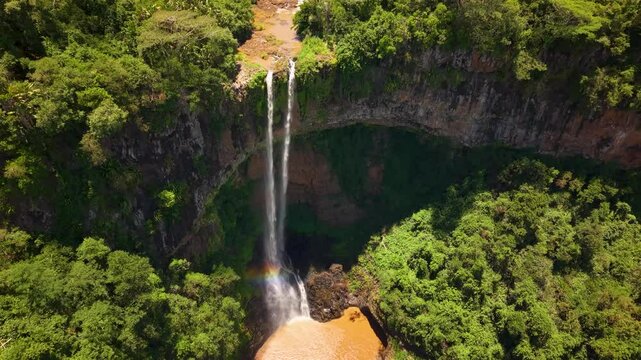 Aerial View Hidden Treasure of Mauritius Revealed Through Dramatic Twin Waterfalls Plunging into Ancient Crater