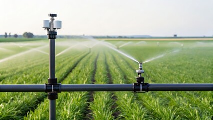 Fototapeta premium A modern irrigation system waters rows of crops, showcasing efficient agricultural practices in a lush green field.