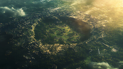 Obraz premium Satellite imagery, detailed, fantasy world building, forest turning into meadow, ancient battlefield, discarded weapons sticking out of the earth, sporadic colorful magical glow