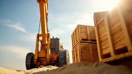 Obraz premium An earthmover stands in the sand next to wooden crates under a bright, sunny sky at the jobsite.