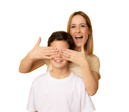 Young excited mother covering eyes to her son with hands to his son isolated on transparent background - Powered by Adobe