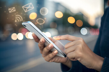 woman using smartphone with digital communication icons. smart technology. urban digital engagement