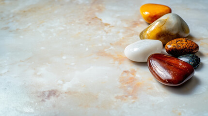 Amber stones placed on the right side of a ceramic or marble surface with free space for background or text or design