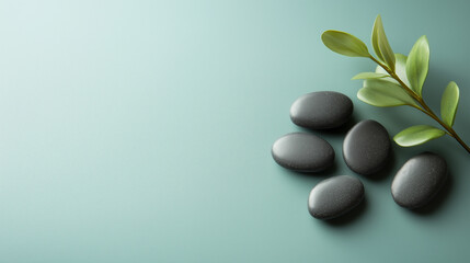 Black matte sea stones with green plant located on the right light blue surface with free space for background or text, or design