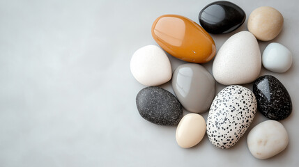 Shiny sea ​​pebbles located on the right on a white surface with free space for the background or text, or design
