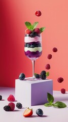 Multi-Layered Berry Parfait in Tall Clear Glass on Chic Podium, Surrounded by Fresh Berries and Mint Leaves