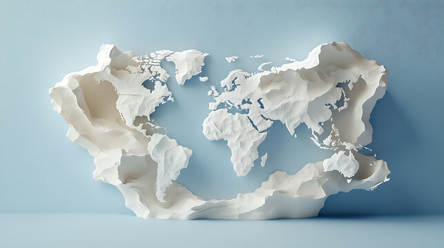 Sculpted 3d world map in white and blue, floating on a gentle gradient, climatology study visualization