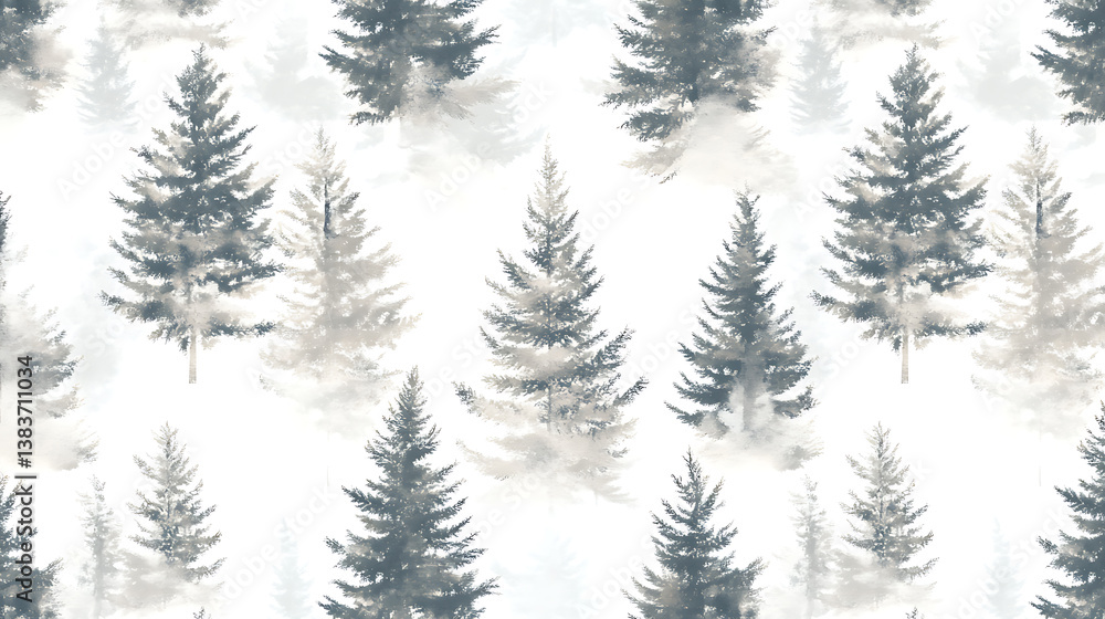 Poster Seamless pattern with foggy spruce forest, fir trees isolated on white background