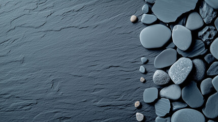 Small marine black stones with free space on the black surface, image for background or design