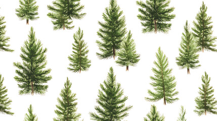 Seamless pattern with foggy spruce forest, fir trees isolated on white background