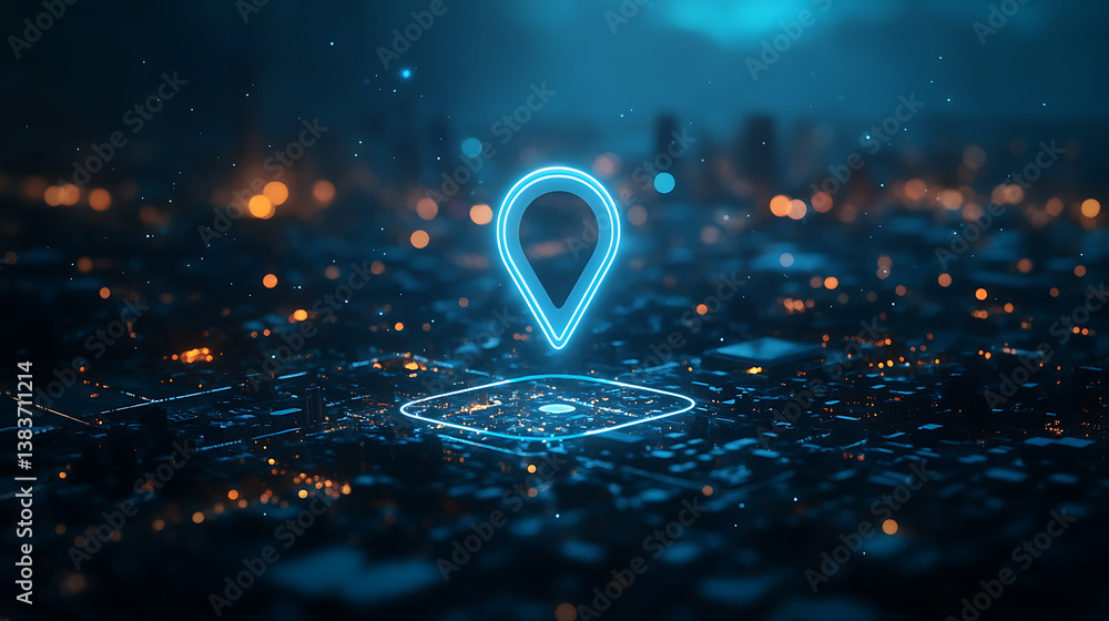 Poster searching location on map and pin above blue tone cityscape and network connection