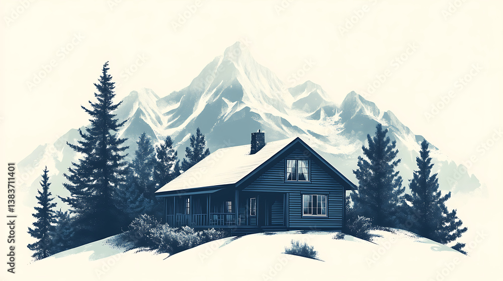 Aufkleber serene and minimalist illustration of a rustic mountain cabin nestled in a tranquil valley, with coo