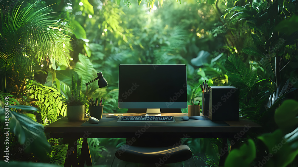 Leinwandbilder serene and tranquil workplace with desk computer and stationery in lush, green forest and jungle, un