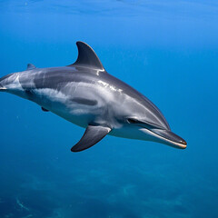 Fototapeta premium A graceful dolphin glides through the crystal-clear ocean, illuminated by sunlight streaming through the water's surface, showcasing the beauty and elegance of marine life in its natural habitat.