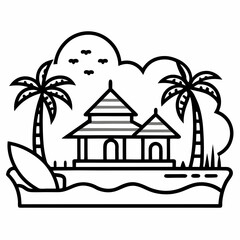 Kerala Backwater Landscape Outline Coloring Book Page Line Art