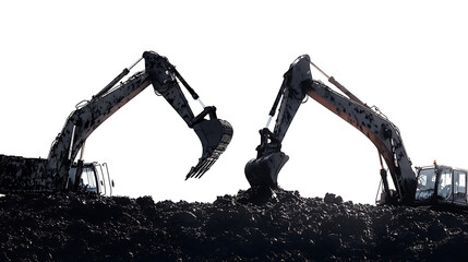 Shadow crawler excavators are working the ground at the building site, on white background