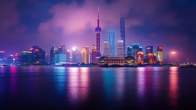 Shanghai bund skyline landmark, solar panel plant with renewable energy and ecological aspects