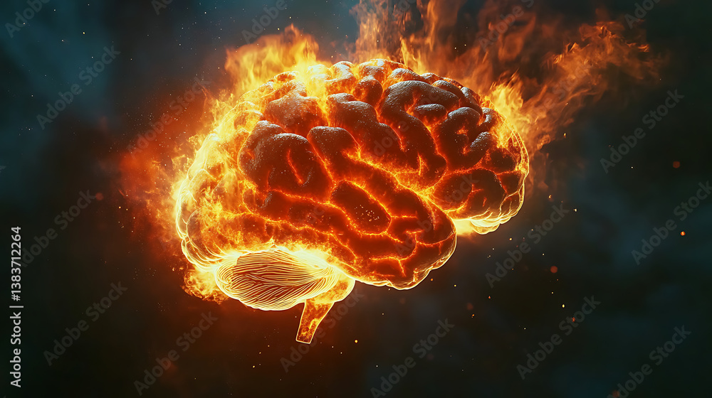 Poster side view of brain on fire, exploding brain, disease concept like parkinson's, alzheimer's, dementia