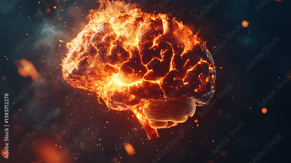 Poster side view of brain on fire, exploding brain, disease concept like parkinson's, alzheimer's, dementia