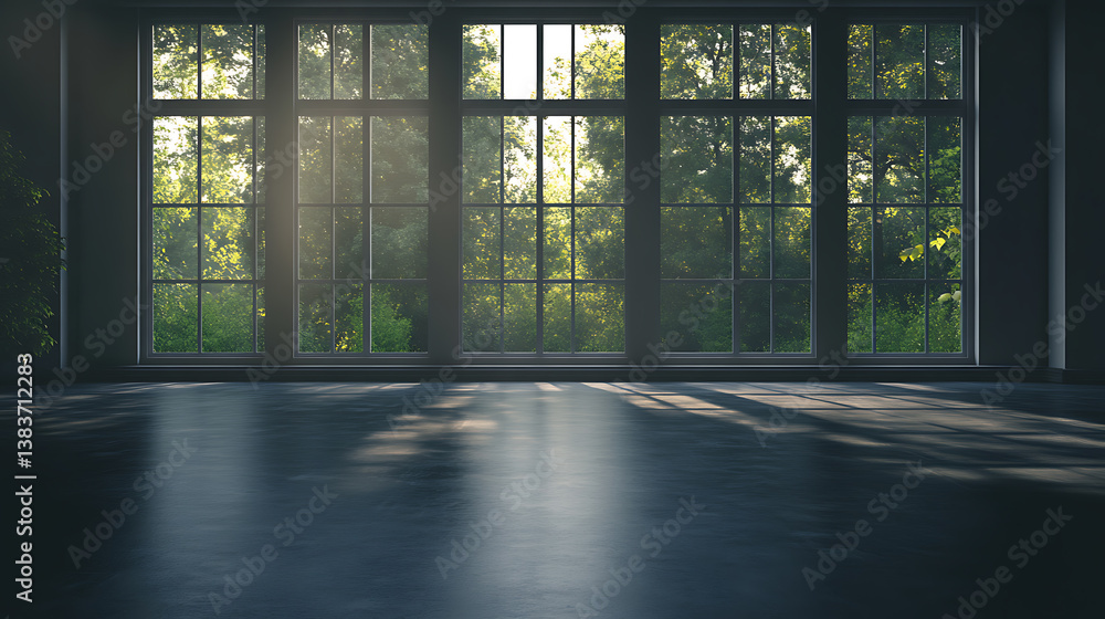 Poster side view on dark empty room interior with panoramic windows