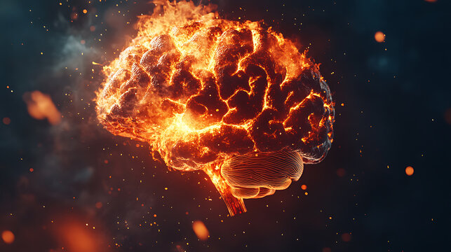 Side view of brain on fire, exploding brain, disease concept like parkinson's, alzheimer's, dementia or multiple sclerosis
