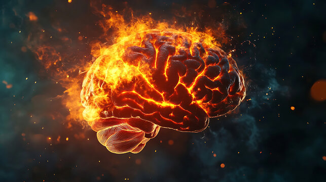 Side view of brain on fire, exploding brain, disease concept like parkinson's, alzheimer's, dementia or multiple sclerosis