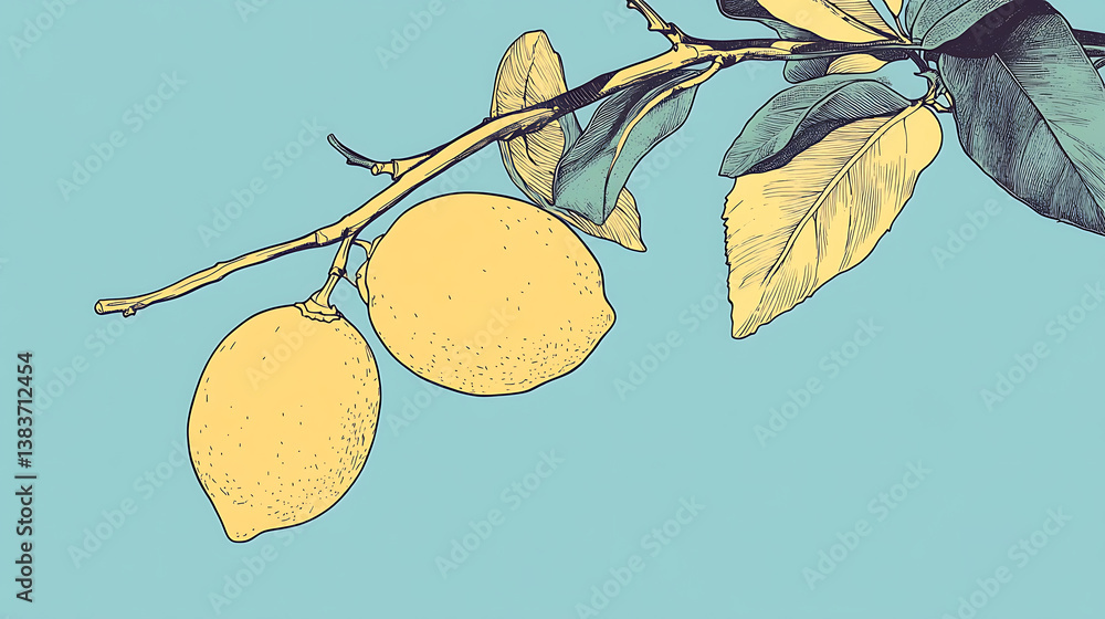 Poster simple line drawing illustration of a lemon on a tree branch