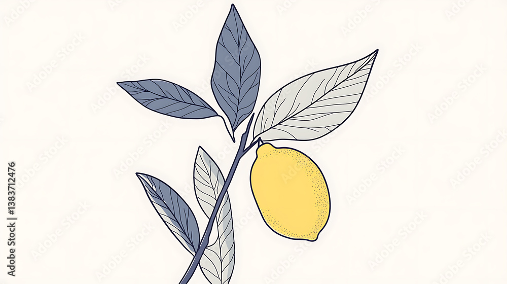 Aufkleber Simple line drawing illustration of a lemon on a tree branch