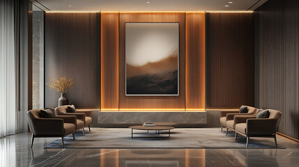 Sleek reception area with poster frame and natural wood accents, contemporary design concept
