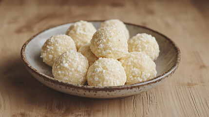 Small balls of freshly baked homemade cottage cheese doughnuts in a plate on a wooden background, rustic style, selective focus and soft blurred edge