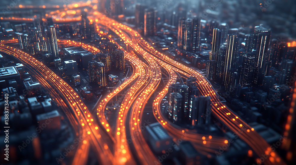 Poster Smart city and abstract lines are connected with gradient line and aesthetic intricate design of wavy lines, the concept of big data transmission technology, big data connection, 3d illustration