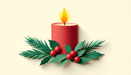  Red candle with holly on light background in paper cut Christmas style