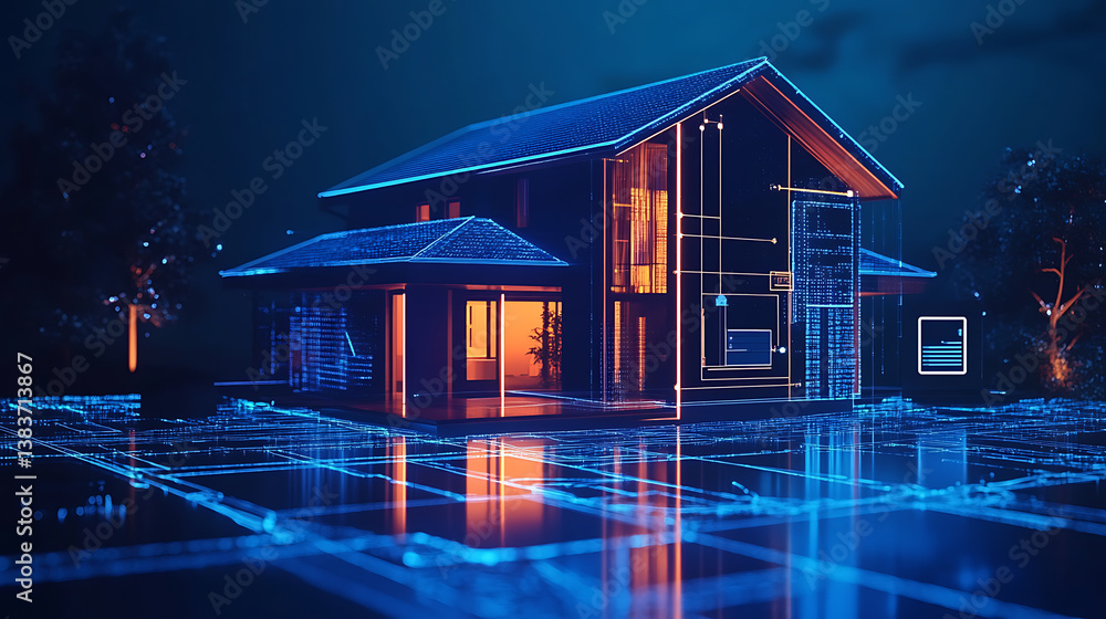 Poster smart home with virtually connected devices, technology concept