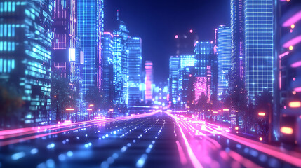 Fototapeta premium Smart city at night, application development concept, smart city, internet of things, smart life, information technology, gradient grid line, metaverse connection technology concept, 3d render