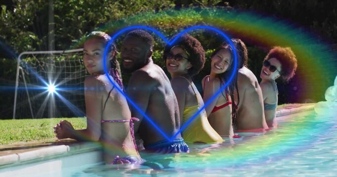 Group of friends enjoying pool with glowing heart and rainbow animation
