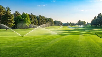 A lush green golf course with sprinklers watering the grass under a clear blue sky, surrounded by trees.