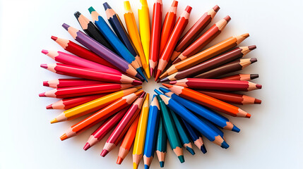 Fototapeta premium Oval-Shaped Arrangement of Coloured Crayons – Top View on White Background