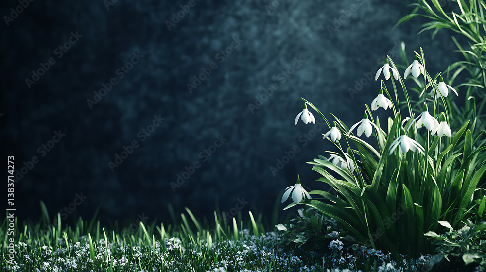 Poster snowdrops bloom with spring green grass on the side