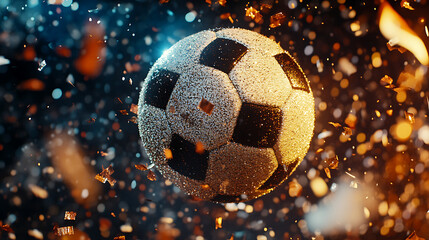 Fototapeta premium Soccer match winning celebration, football ball with glitter and confetti