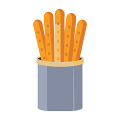 Breadsticks in a tall ceramic jar.