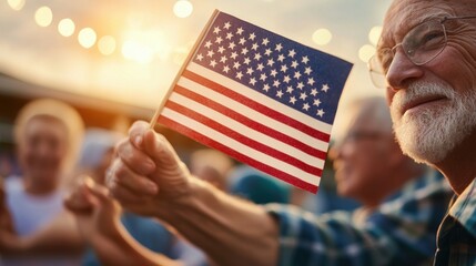 A senior man proudly waves an american flag while celebrating with friends outdoors at sunset.