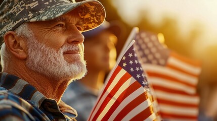 Obraz premium A dignified veteran is seen holding a small American flag during an outdoor celebration.