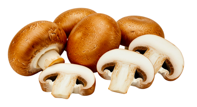 A group of brown mushrooms with some cut in half showing the inside on a black background studio shot