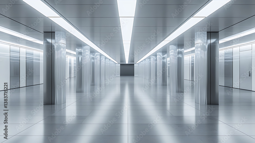 Poster spacious empty gallery with white walls and bright illumination, minimalist design