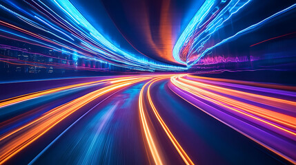 Obraz premium Speed light tunnel through the city, neon and light glowing on dark scene
