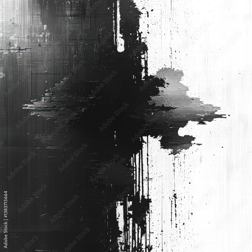 Poster monochromatic abstract: a striking grayscale composition, featuring dynamic strokes and splatters, e