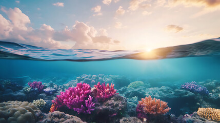 Obraz premium Split view of tranquil ocean surface and vibrant underwater coral reef, harmony concept