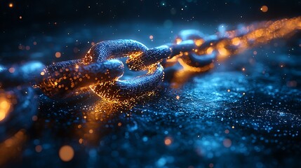 A cybernetic blockchain structure resembling a digital vault, composed of glowing blue and silver data chains, floating in a deep-space cyber environment, sci-fi aesthetic