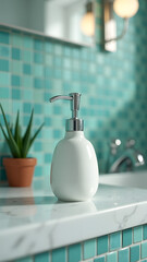 White soap dispenser pops against turquoise tiles, with water droplets and plants enhancing the fresh bathroom aesthetic.