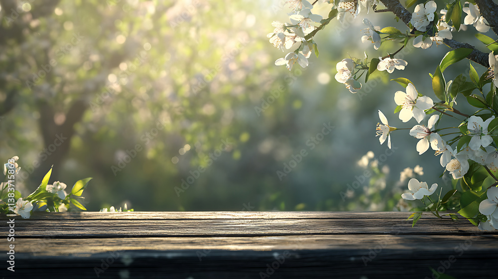 Poster spring time, blossoms on wooden table on blurred background of spring garden, based on